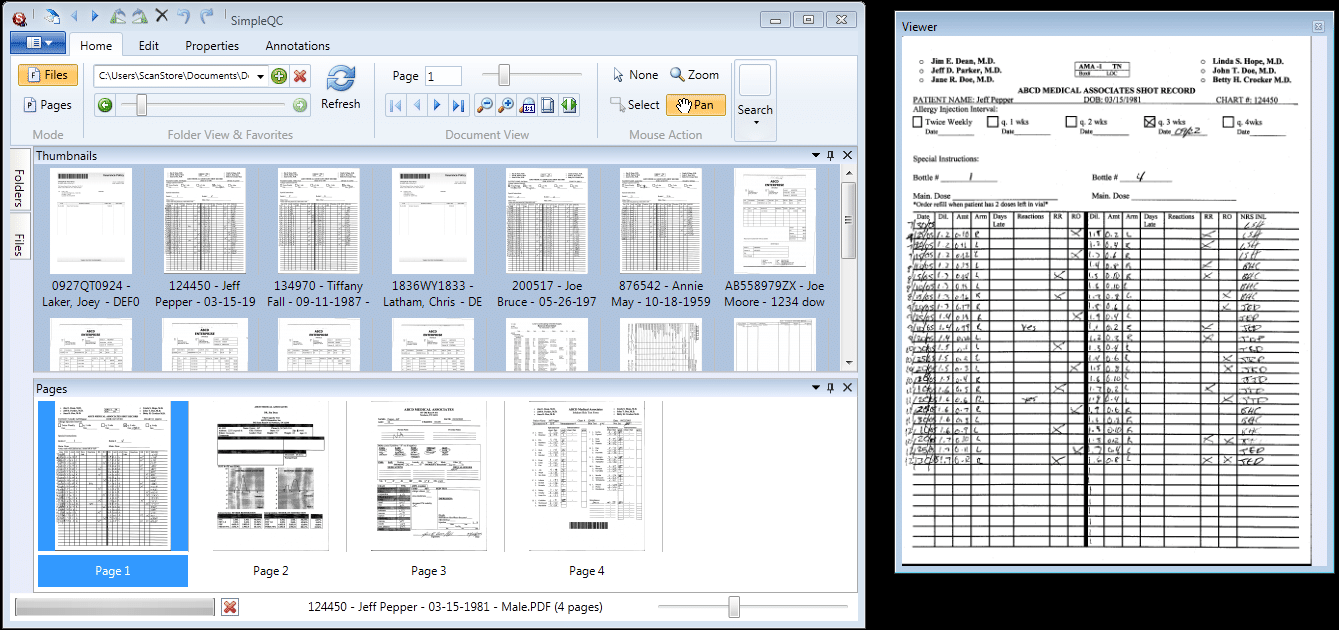 Multiple monitor support for viewing PDF/TIFF thumbnails and documents