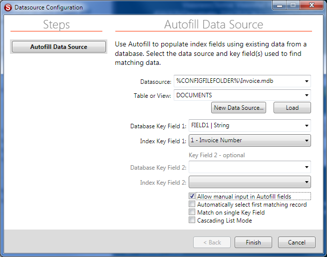 SimpleIndex Simple setup Configuration Wizard Autofill Data Source Settings Screen