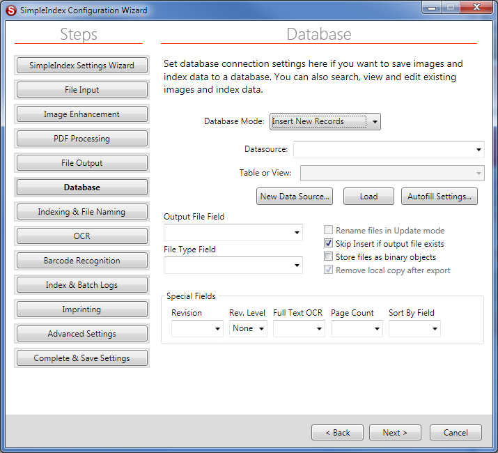 SimpleIndex Simple Setup Configuration Wizard Database Job Settings Screen