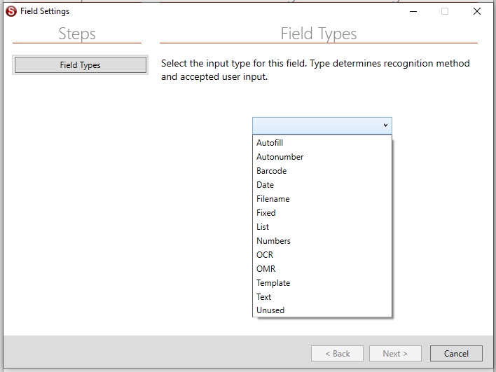Setup Job Configuration Wizard Field Type Settings Screen