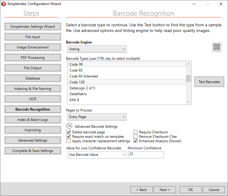 SimpleIndex Simple Setup Configuration Wizard Barcode Recognition Steps