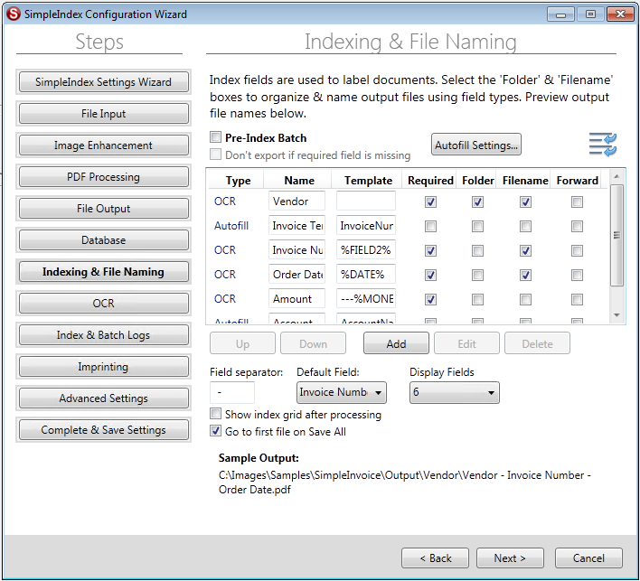 SimpleIndex Simple Setup Wizard Configuration Process Indexing & File Naming Stage