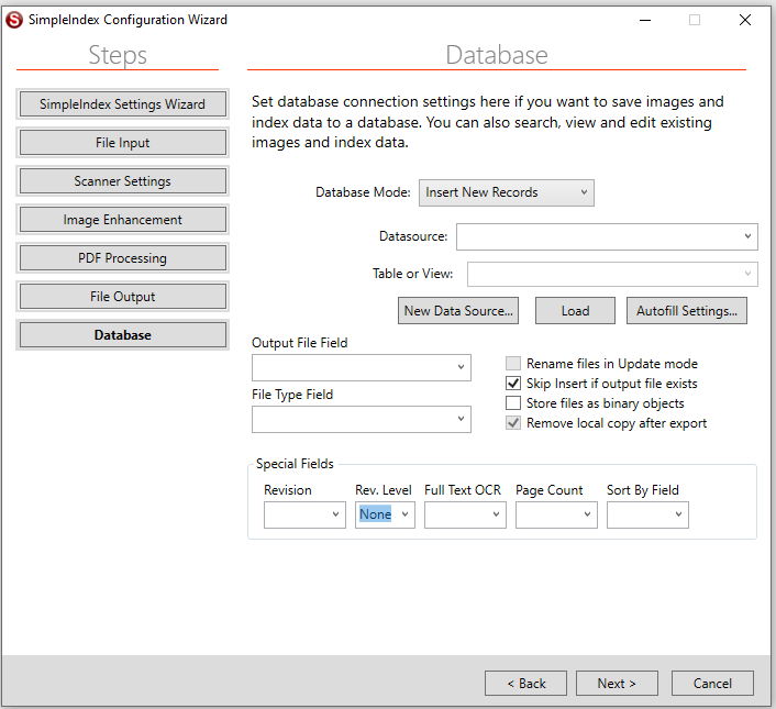 Setup Job Configuration Database Settings Screen