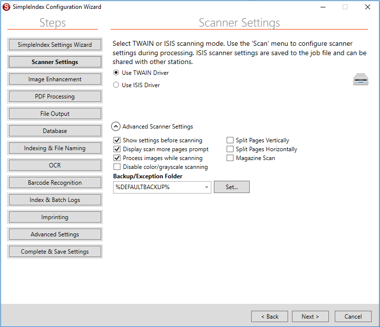 Configuration Wizard Input Scanner Settings Screen
