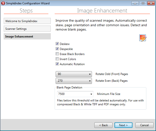 impleIndex Simple Setup Configuration Wizard Image Enhancement Settings Screen