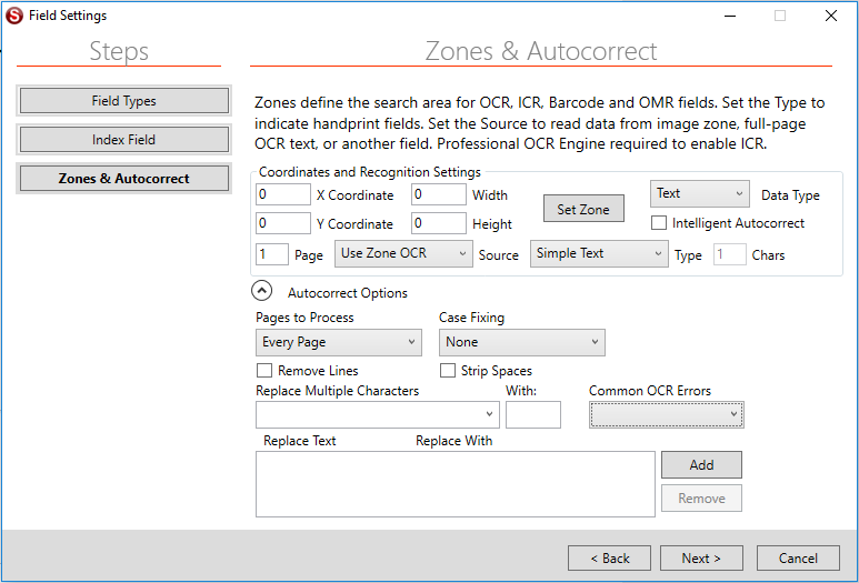 SimpleIndex Simple Setup Configuration Index Field Zones & Advanced OCR Settings