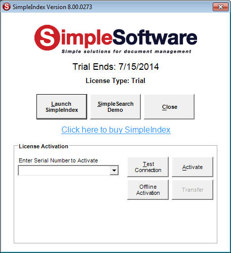 SimpleIndex Simple Setup SimpleSoftware Demo Registration Screen Steps