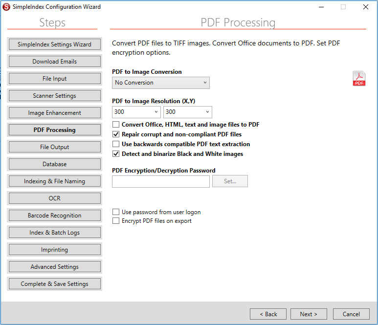 Setup Job Configuration PDF Processing Settings Screen