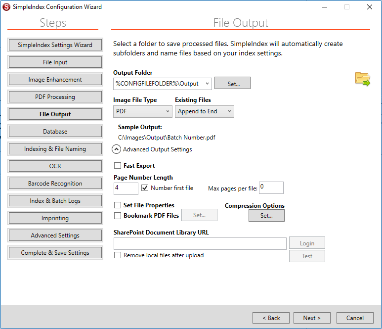 Setup Job Configuration File Output Settings Screen