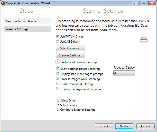 impleIndex Simple setup Scanner Input Configuration Wizard Settings Screen