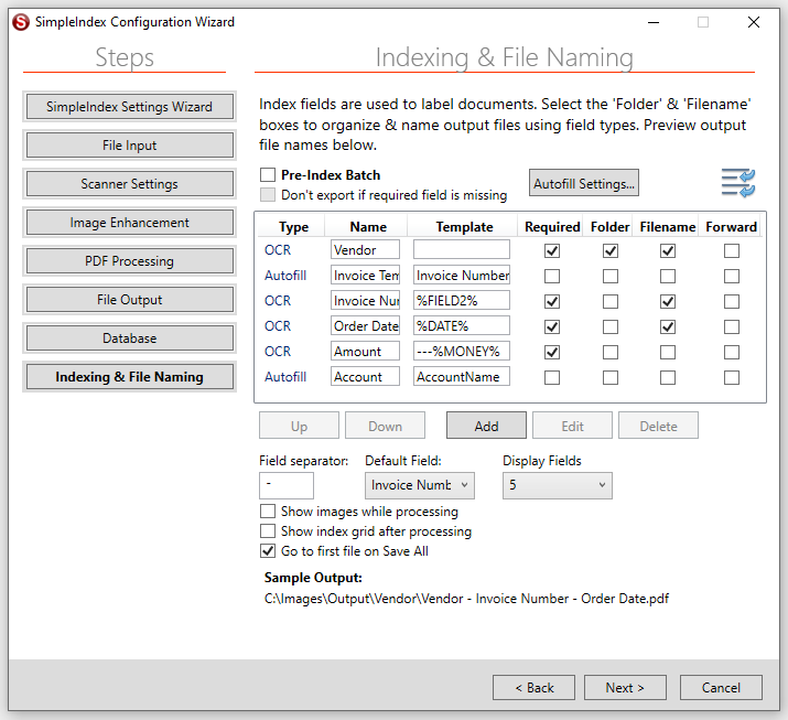 Setup Job Configuration Indexing & File Naming Settings Screen