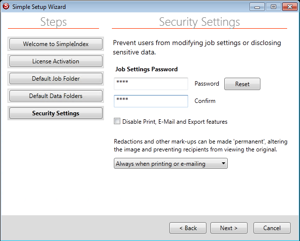 SimpleIndex Simple Setup Security Settings