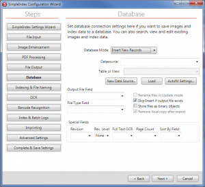 SimpleIndex Simple Setup Configuration Wizard Database Job Settings Screen