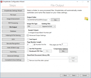 Setup Job Configuration File Output Settings Screen