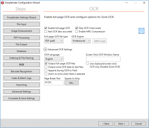 Setup Job Configuration OCR Options Screen