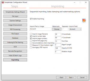 Setup Job Configuration Imprinting Settings Screen