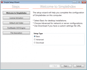 SimpleIndex Simple Setup Wizard Type Selection