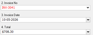 SimpleIndex Index Fields panel: the invoice number INV-3041 shown in red because it does not match the INV- and five digits pattern, with the date and total in black