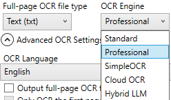 SimpleIndex OCR settings with the OCR Engine list open: Standard, Professional, SimpleOCR, Cloud OCR and Hybrid LLM