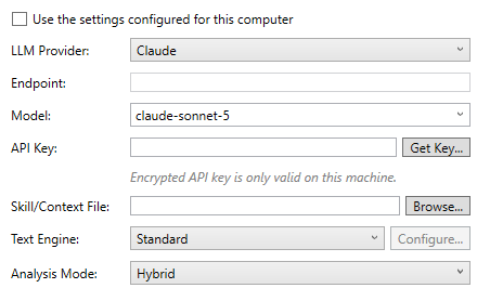 SimpleIndex LLM Extraction Settings: provider Claude, an empty API key box with a Get Key button, text engine Standard and analysis mode Hybrid