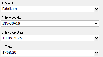 SimpleIndex Index Fields panel filled from a scanned invoice: vendor Fabrikam, invoice number INV-30419, date 10-05-2026, total $708.30