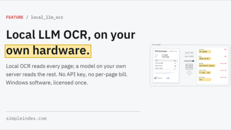 SimpleIndex share card: Local LLM OCR Local LLM OCR, on your own hardware.