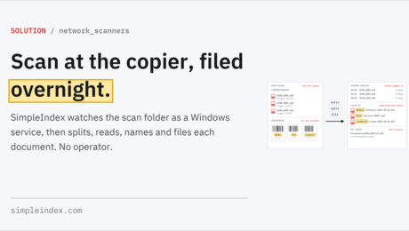 SimpleIndex share card: Network scanners Scan at the copier, filed overnight.