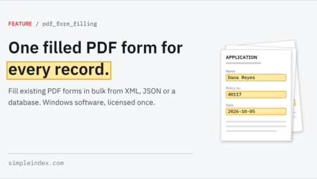 Share card: PDF form filling One filled PDF form for every record. SimpleIndex PDF form filling